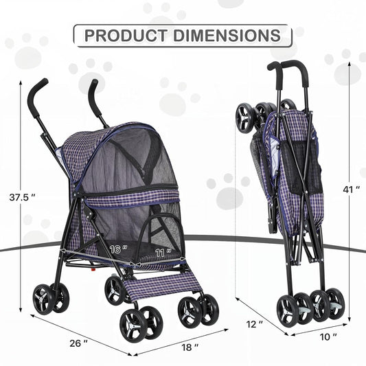 MoNiBloom 4 Wheels Pet Stroller, Easy-Fold Umbrella Shaped Dog Cat Jogger Stroller w/Storage Bag & Visible Mesh for Small/Medium Dogs Cats Plaid - Pawvie