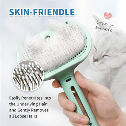 Steam Pet Brush for Shedding, 3 In 1 Self Cleaning Anti-Static Steamy Hair Brush, Reduces Loose Hair and Shedding for Long and Short Hair Pets Grooming, Green