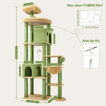 Globlazer Cactus Giant Cat Tree, 83 inch Cat Tree for Indoor Cats Large Adult, XXL Cat Tower with 9 Scratching Posts for 20lb+ Heavy Duty Large Adult Cats, F83, Green
