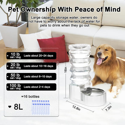 RIZZARI Large Gravity Water Dispenser: 8L Automatic Upgraded Water Feeder with Stainless Steel Bowl - Two Caps and Filters for Pets Indoor/Outdoor Use by Owners