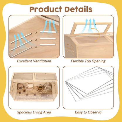 Snowtaros Wooden Hamster Cage, Large Hamster Cages and Habitats Chewproof, with 2 Openable Acrylic Top, Small Animal Cage for Mouse Gerbil Quail Dwarf Syrian Hamsters (31.5" L*15.7" W*15.7" H)