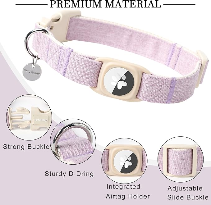 DOGWONG Airtag Cotton Hemp Dog Collar, Heavy-Duty Dog Collar with Airtag Holder Purple Collars Natural Fabric Cute Puppy Necklace for Small Medium Large Dogs