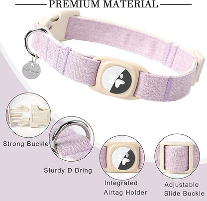 DOGWONG Airtag Cotton Hemp Dog Collar, Heavy-Duty Dog Collar with Airtag Holder Purple Collars Natural Fabric Cute Puppy Necklace for Small Medium Large Dogs
