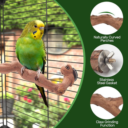3-Piece Premium Bird Perch Stand with Natural Grape Wood Branch, Paw Grinding Fork, Chewing Stick, Cage Accessories for Parakeets, Budgies, Cockatiels, Finches, Lovebirds