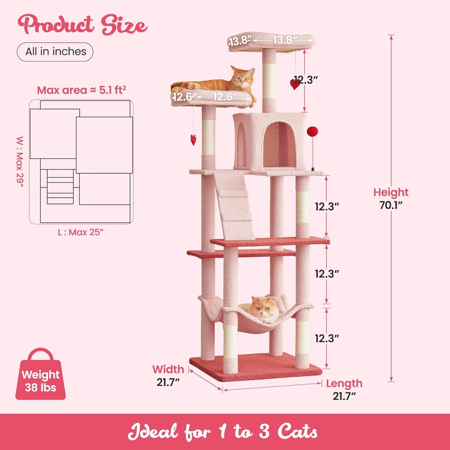 MWPO Cute Cat Tree, 70.1-Inch Tall Pink Cat Tower for Indoor Cats Large Adult, Multi-Level Cat Condo with 5 Scratching Posts, 2 Padded Perches, Hammock, Dangling Toys
