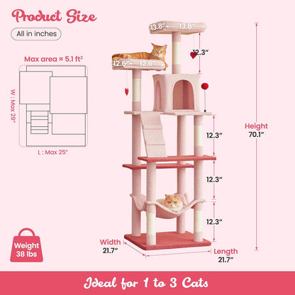 MWPO Cute Cat Tree, 70.1-Inch Tall Pink Cat Tower for Indoor Cats Large Adult, Multi-Level Cat Condo with 5 Scratching Posts, 2 Padded Perches, Hammock, Dangling Toys