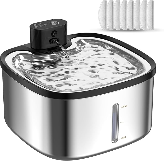 Wireless Cat Water Fountain Stainless Steel, 118oz/3.5L Cordless Automatic Pet Water Dispenser for Cats Indoor, with Motion Sensor, Ultra Quiet Pump, Rechargeable & Multi-Filtration-8Filters