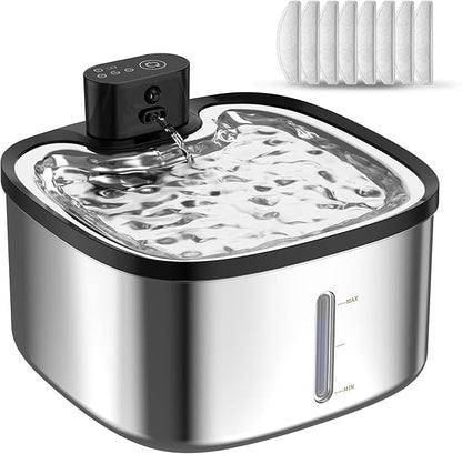 Wireless Cat Water Fountain Stainless Steel, 118oz/3.5L Cordless Automatic Pet Water Dispenser for Cats Indoor, with Motion Sensor, Ultra Quiet Pump, Rechargeable & Multi-Filtration-8Filters