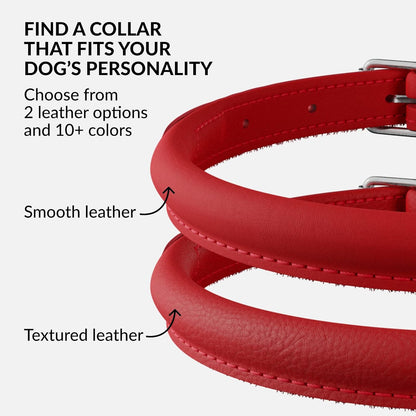 CollarDirect Rolled Leather Dog Collar, Soft Padded Round Puppy Collar, Handmade Genuine Leather Collar Dog Small Large Cat Collars 13 Colors (18-22 Inch, Red Smooth)