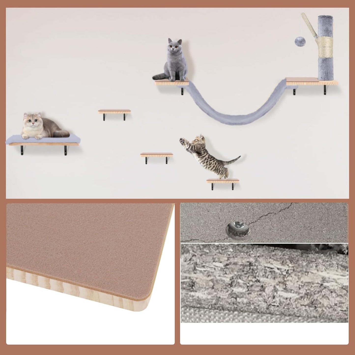 Cat Shelves for Wall, Wall Mounted Cat Furniture Set,with Hammock,Jumping Boards,Sofa,Steps,ScratchingPost,Hanging Ball and Felt Pads, Suit for Cats Climb, Jump,Scratch-Gray