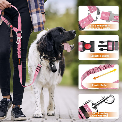 Removable Dog Seat Belt Harness for Car, 3 in 1 Pet Dog Car Seatbelt Leash, Retractable Restraint Secures to Vehicle Headrest & Adjustable Reflective Bungee Dog Seatbelt Tether, Pink and Black