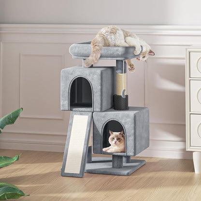 MoNiBloom Cat Tree Tower, 34 Inch Cat Tower with 2 Condos, Scratching Post & Sisal-Covered Scratching Board, Small Cat Climbing Tower, Pet Play House for Indoor Cats, Light Grey