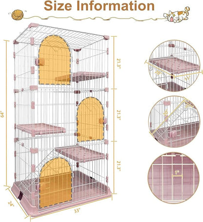Cat Cage 3-Tier Indoor Cat Enclosure with Widen Bottom Buckle & Reinforced Locking Clamps DlY Cat Playpen for 2-3 Cats & Small Pets,33" Lx 24" W X 64" H (Pink, Three-Tier64)