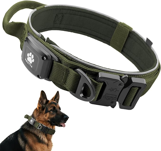 2026 Upgrade Dog Collar with IPX8 Waterproof AirTag Holder,Military Tactical Comfortable Control Handle and Ultra-Durable Metal Buckle/Night Reflective,GPS Collar for Medium to Large Dog（ArmyGreen/M）