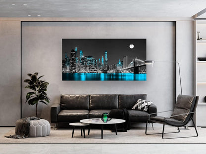 Jiuqinghua Wall Art Decor Canvas Print Picture 1 Panel Black White and Blue New York Brooklyn Bridge Cityscape Night Building Painting for Kitchen Office Home Decor Framed Ready to Hang 20x40inch