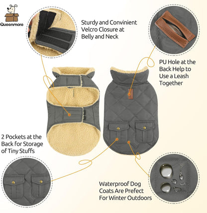 Queenmore Dog Winter Coat - Fleece Jacket, Waterproof Cold Weather Dog Clothes, Thick Warm Cotton Padding, Easy On Storage Pockets (Grey, Small)