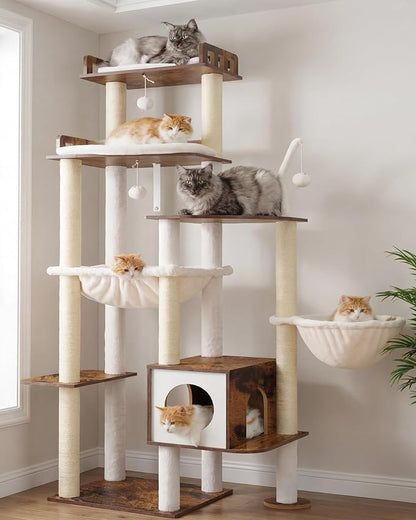 Heybly Cat Tree, 70.5 Inch Wood Tall Cat Tower for Large Indoor Cats with Extra Stable Structure, Modern Cat Furniture with All-Sisal Scratching Posts, Cat Condo & Hammocks, Rustic Brown HCT121SR