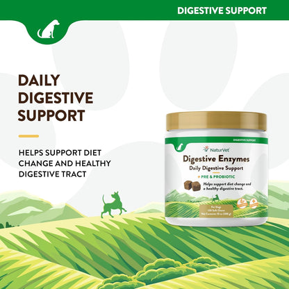 NaturVet – Digestive Enzymes - Plus Probiotics & Prebiotics – Helps Support Diet Change & A Healthy Digestive Tract – for Dogs & Cats (Soft Chews, 120 Count)