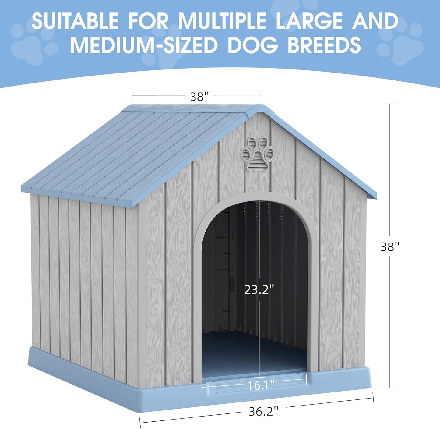 Large Outdoor Plastic Dog House - Indoor Outdoor Use for Medium & Large Dogs, Durable Waterproof Doghouse with Air Vents, Elevated Floor, Easy to Clean & Assemble(Blue2, 36.2''L×38''W×38''H)