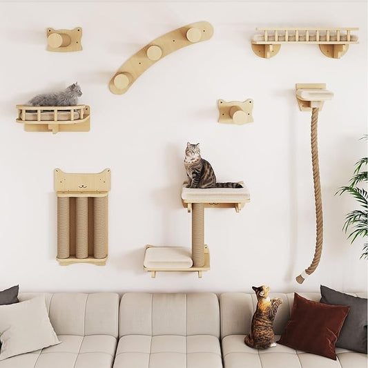 BYBYME 8 Pcs Cat Wall Climbing Set, Wood Cat Furniture with Scratching Posts, Kitten Perch, 100CM Sisal Rope & Cat Bed, Wall Mounted Cat Shelves for Sleeping, Playing & Relaxing(Natural Wood)