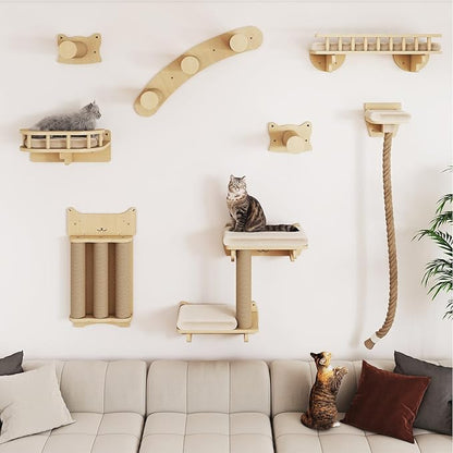 BYBYME 8 Pcs Cat Wall Climbing Set, Wood Cat Furniture with Scratching Posts, Kitten Perch, 100CM Sisal Rope & Cat Bed, Wall Mounted Cat Shelves for Sleeping, Playing & Relaxing（Natural Wood）