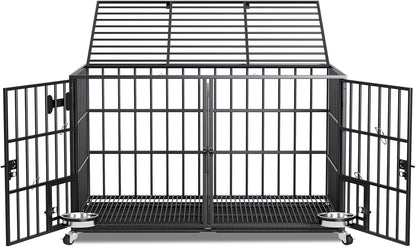 54 inch XL Dog Crate for Large Dog/Double Medium Dogs,Heavy Duty Metal Dog Cages,All Metal Open Top,Dog Kennel Indoor with Wheels,Floor Grid, Tray, Divider and Feeding Bowl