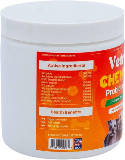 Vetr Probiotic Chews for Dogs - Chicken Flavored - Probiotics for Digestive Health - 60 Soft Chews - Vet-Formulated in USA