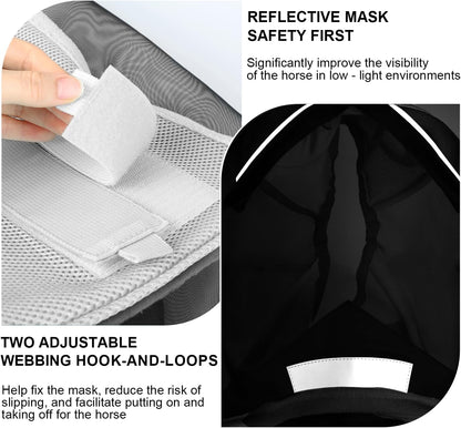 Luminous Horse Fly Mask with Long Nose, Ears, Full Face & Eye Protection - Full Mesh, Detachable Nose Cover, Fleece Padded Edging, Hook-and-Loop Straps with Webbing, Hanging Straps Grey