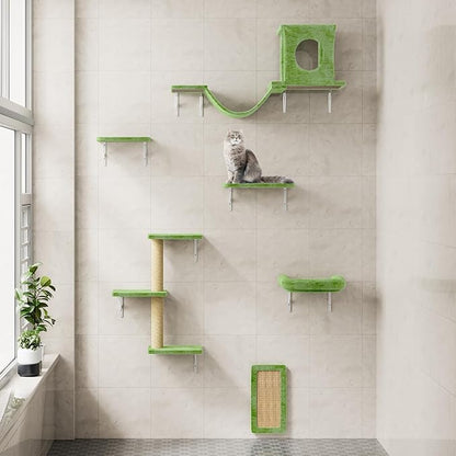 NUNU LAB Wall Mounted Cat Wall Shelves, 12-in-1 Cat Wall Climber with Condos House, Scratching Post, Bridge Ladder, Indoor Space-Saving Furniture for Kittens Play, Green