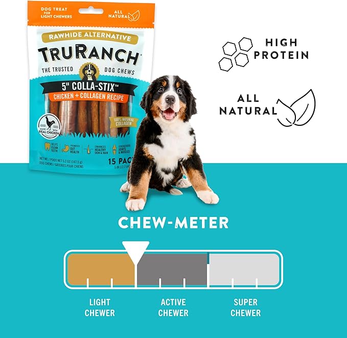 TRURANCH Collagen Sticks - 5" Collagen Sticks for Dogs - Long Lasting Healthy Joint Support Dog Treat - Rawhide Alternative - Skin & Coat Health - Made with Real Chicken, 1 Bag, 15 Count