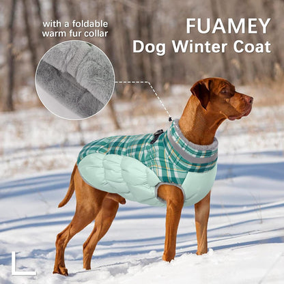 FUAMEY Dog Coat for Large Dogs,Waterproof Dog Winter Jacket with Harness Built in Puppy Cold Weather Coats Reflective Pet Vest with Zipper Warm Fleece Dogs Snowsuit Windproof Green Plaid XXXL