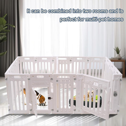 2 Room Dog Playpen with Door,DIY Shape Combination Puppy Pen,16-Panel+2 Link Piece+Large Door+Small Door,25.5" H Dog Fence,Non-Slip&Secure Pet Gate,Easy to Assemble (Two Rooms)