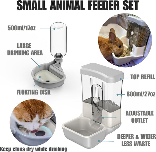 Automatic Pet Food Water Dispenser, Auto Gravity Pet Feeder Water Bottle Set for Crate, Feeding Station for Small Dog Cat Rabbit Guinea Pigs Chinchilla Ferret Hedgehog (Gray)