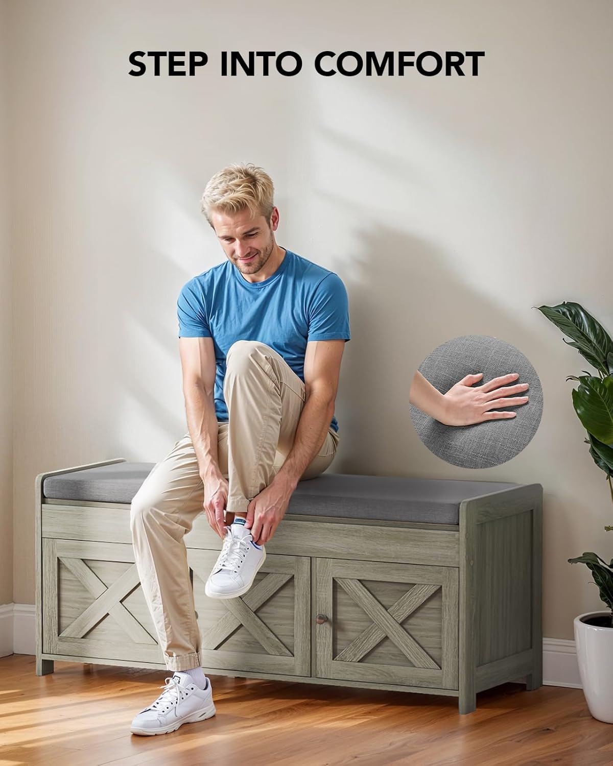 Amada Shoe Bench, Entryway Bench with Cushioned Seat & Lift Top Storage, 3 Doors, Adjustable Shelf, 300 lbs Capacity, Storage Bench with Shoe Rack for Entryway, Bedroom, Living Room, Gray