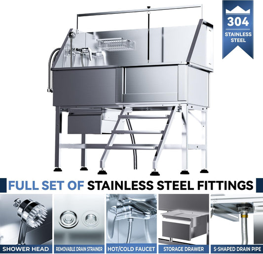 Professional 46" Dog Washing Station, Stainless Steel Dog Bathing Station, Height Adjustable Dog Wash Station, Storage Drawer, Upgrade Parts, Home, Commercial (Right Step)