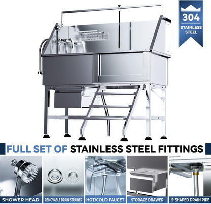 Professional 46" Dog Washing Station, Stainless Steel Dog Bathing Station, Height Adjustable Dog Wash Station, Storage Drawer, Upgrade Parts, Home, Commercial (Right Step)