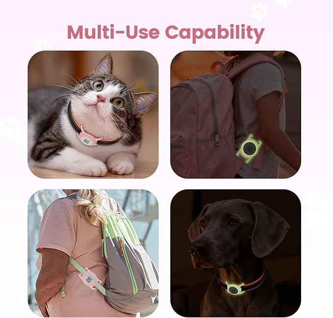 for Airtag Dog Collar Holder with QR ID Tag, Glow in the Dark, Fluorescent Waterproof Silicone for Airtag Case for Dog Collars, Scan for Instant Alert, Emergency Contact, Pet Profile (Pink)