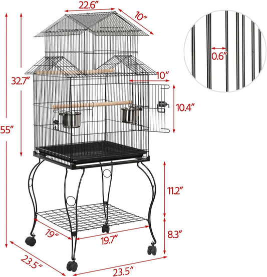 Yaheetech Budgie Cage 55-inch Rolling Standing Triple Roof Medium Parrot Cage Pet Bird Cage with Detachable Stand for Cockatiels Sun Parakeets Green-cheeked Conures Macaw