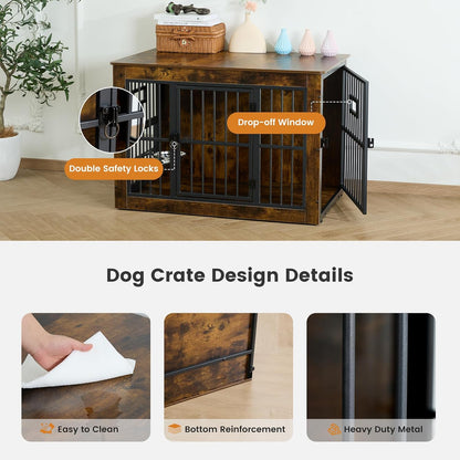 Gardner Pet Dog Crate Furniture for Medium Dogs, 32.7 Inch Dog Kennel Indoor, Wooden Dog Cage End Table with 2 Removable Bowls, Heavy Duty Dog Crate, Rustic Brown