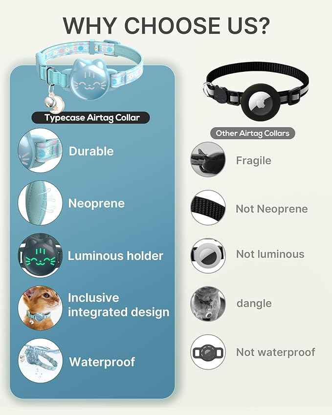 Waterproof Airtag Cat Collar, Breakaway Cat Airtag Collar with Luminous & Reflective Fish Pattern, Lightweight Kitten Collars for Apple Air tag, Hidden GPS Tracker Holder for Cats, Kittens(9-13")