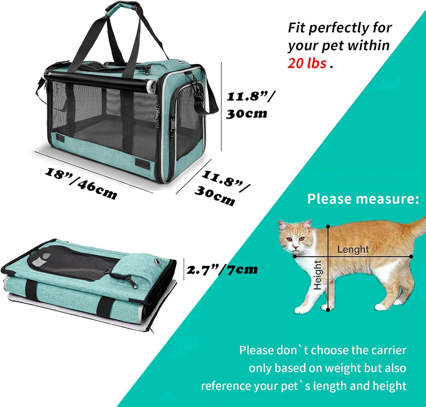 Small Dog Carrier for Puppy Yorkshire Softshell Car Transport Chihuahua Carry Cage 18-inch Collapsible Doggie Vet Visit Crate Easy Load Roomy Pet Carrier Bag Kennel Dog Essentials Teal - Pawvie