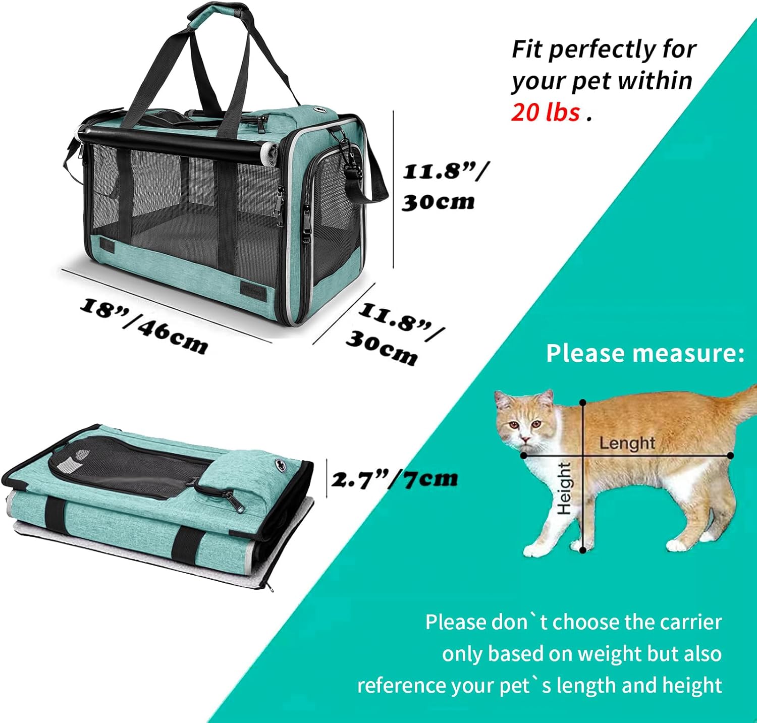 Small Dog Carrier for Puppy Yorkshire Softshell Car Transport Chihuahua Carry Cage 18-inch Collapsible Doggie Vet Visit Crate Easy Load Roomy Pet Carrier Bag Kennel Dog Essentials Teal - Pawvie