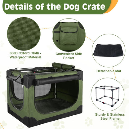 24" Small Dog Crate,Portable Crate for Small Dogs, Portable Travel Pet Crates,Soft Dog Crate Collapsible Dogs Crate,with 4 Mesh Doors, Foldable Car Kennel for Puppy with Handle for Outdoor - Green