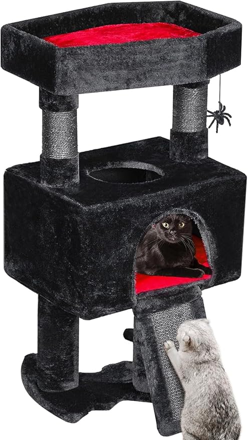 BEWISHOME Cat Tree Tower for Indoor Gothic Cat Trees with Coffin Bed, Cat Condo Cat House with Scratching Posts, Cat Shelves with Spider Toy, Pet Play Activity Center Black with Red, MMJ95R