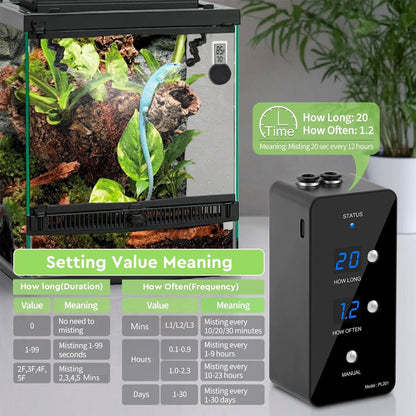 moistenland Reptile Humidifier, Misting System for Terrariums, Automatic with Adjustable Spray Nozzles, Black