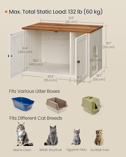 SONGMICS HOME Litter Box Enclosure, Superfast Toolless Assembly, Cat Litter Box Furniture, Push-to-Open Doors, Indoor Cat House, Rustic White and Honey Brown UPCL233WJ04S