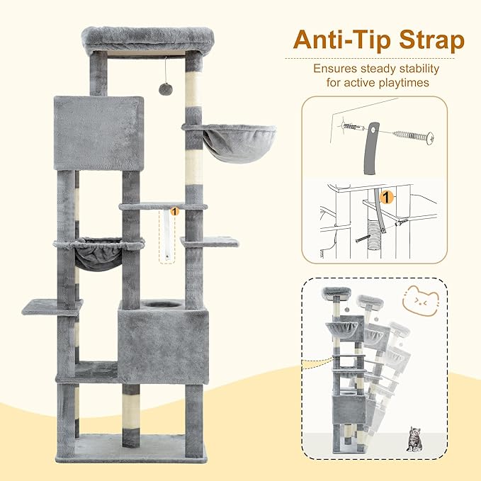 Heybly Cat Tree, 76-Inch Tall Heavy Duty Cat Tower for Big Cats with Extra Wide Baseboard, Multi-Level Large Cat Furniture with 2 Condos & 2 Hammocks, 10 Scratching Posts, Light Gray HCT039W