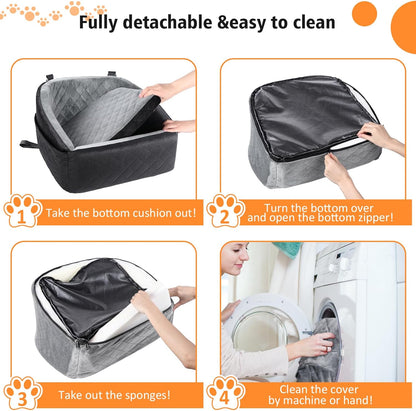 Dog Car Seat for Small Dogs,Detachable Washable Dog Booster Seat Under 30lbs, Pet Car Seat Travel Bed with Storage Pockets and Dog Safety Belt (Black/Grey) - Pawvie