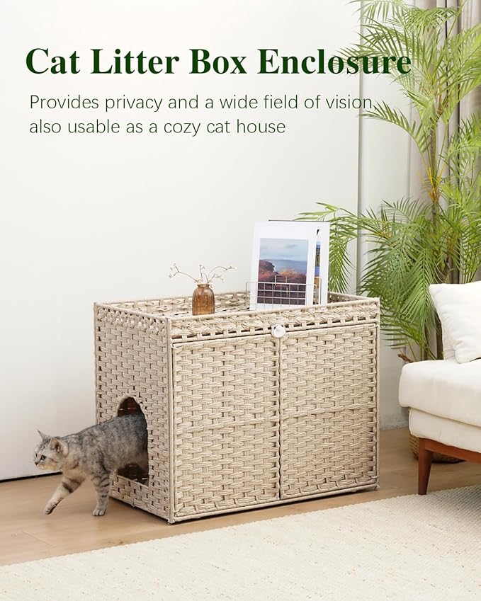 Cat Litter Box Enclosure Furniture, Hidden Litter Box, Cat Litter Box Cabinet with 2 Litter Mats, Handwoven Rattan Large Space Cat House Indoor, Living Room, Bedroom, Apartment Light Khaki