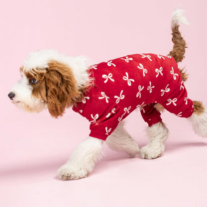 Fitwarm Bowknot Dog Pajamas, Warm Clothes for Small Dogs Girl, Fleece Pet Onesie with Feet, Burgundy Red, White, XL
